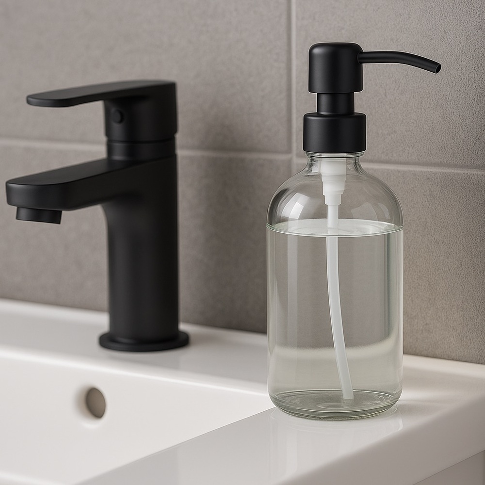 16 OZ. GLASS SOAP DISPENSER W/ METAL PUMP (CLEAR GLASS/BLACK PUMP)